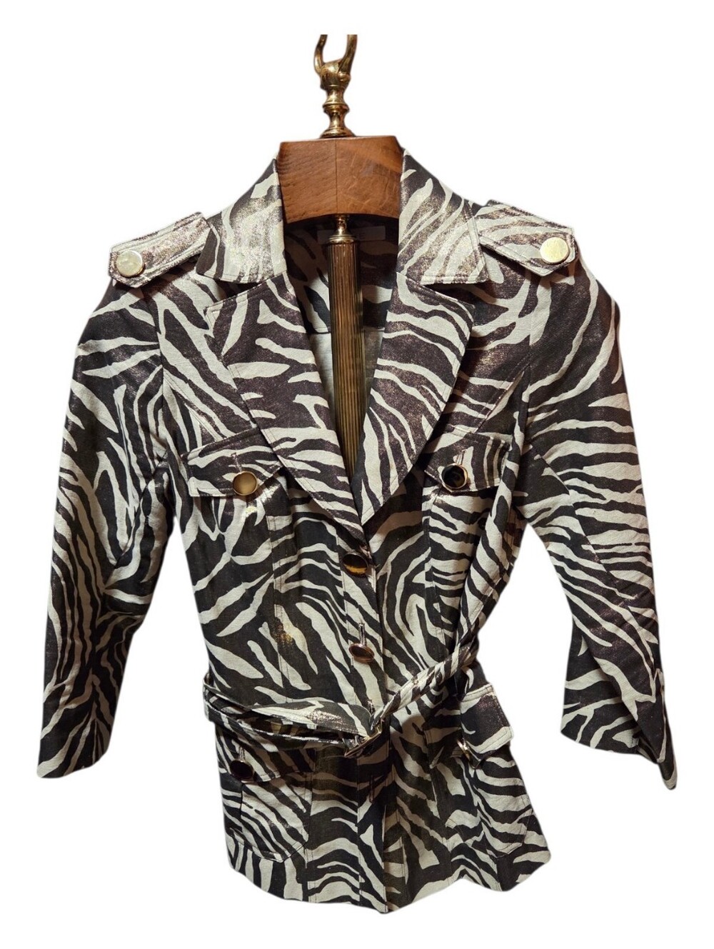 Vintage Y2K Cache Shimmering Gold Zebra Striped Belted Jacket Size Medium